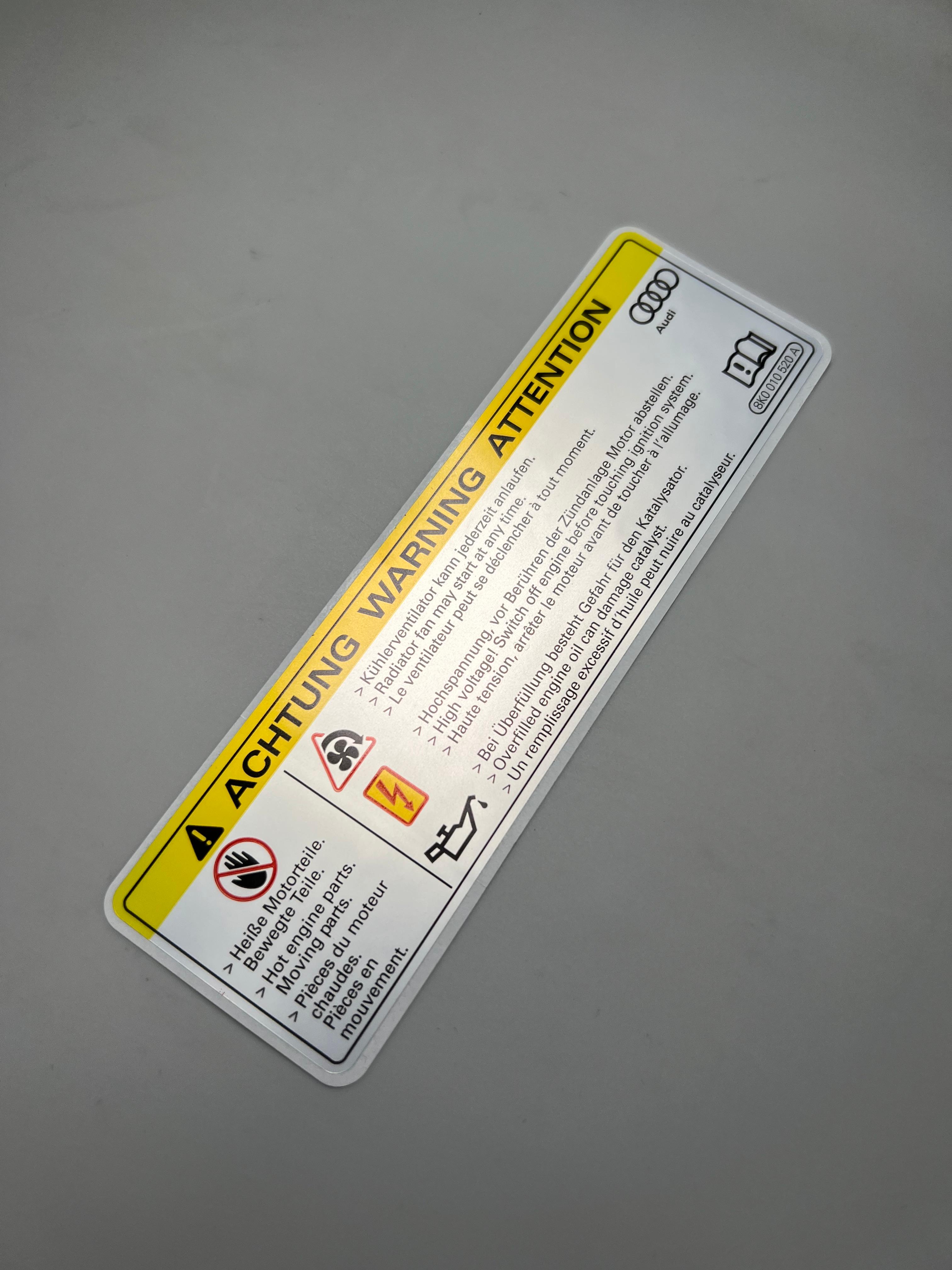 Aufkleber Achtung Warnung Kühlerventilator , Hochspannung und Öl Überfüllung