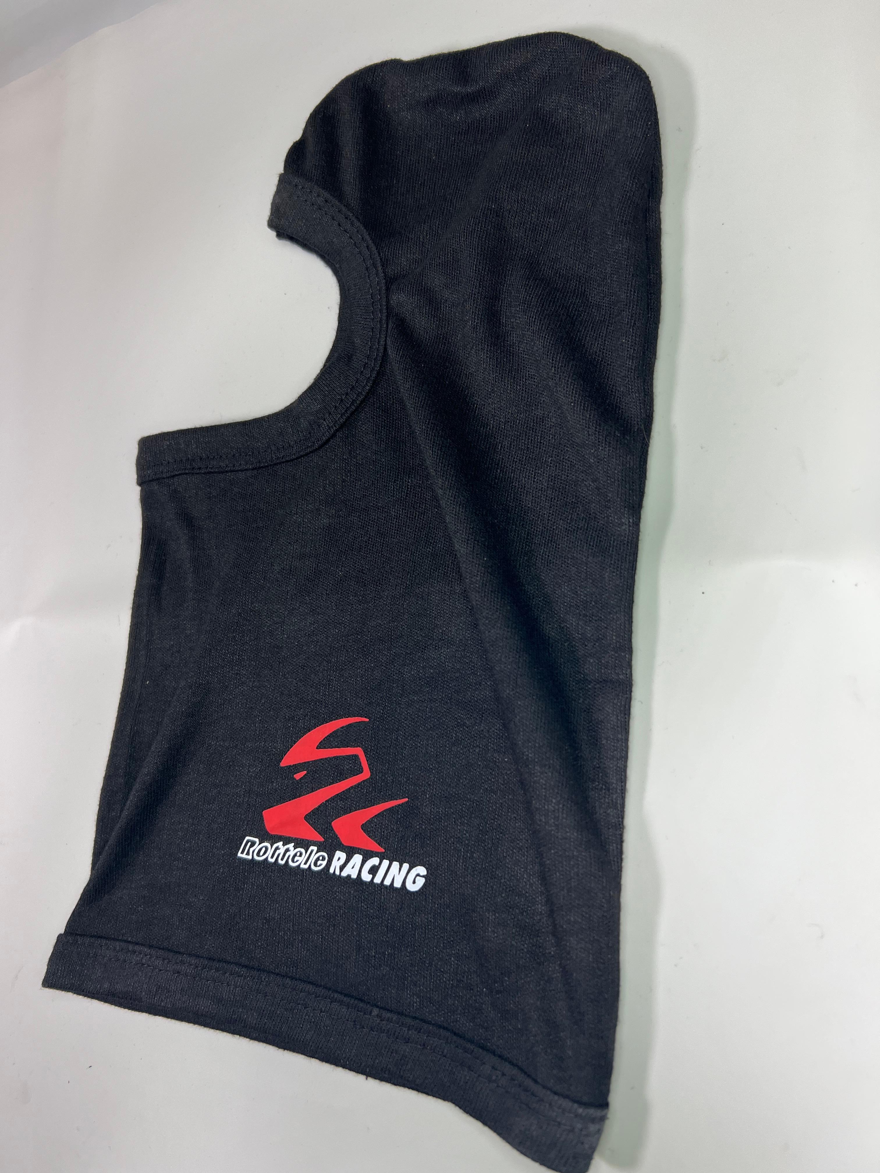 Sturmhaube für den Rennsport oder den Kartsport mit Röttele Logo schwarz mit roter Schrift