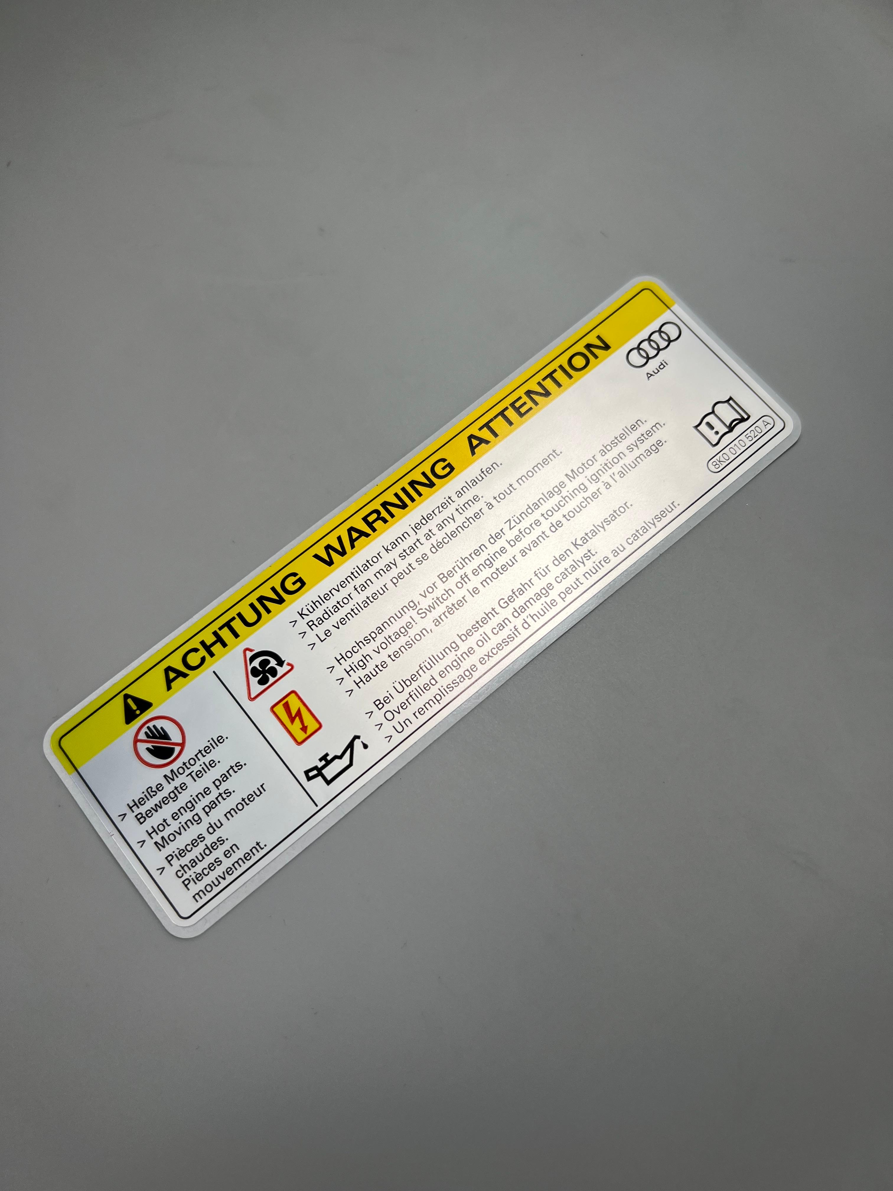 Aufkleber Achtung Warnung Kühlerventilator , Hochspannung und Öl Überfüllung