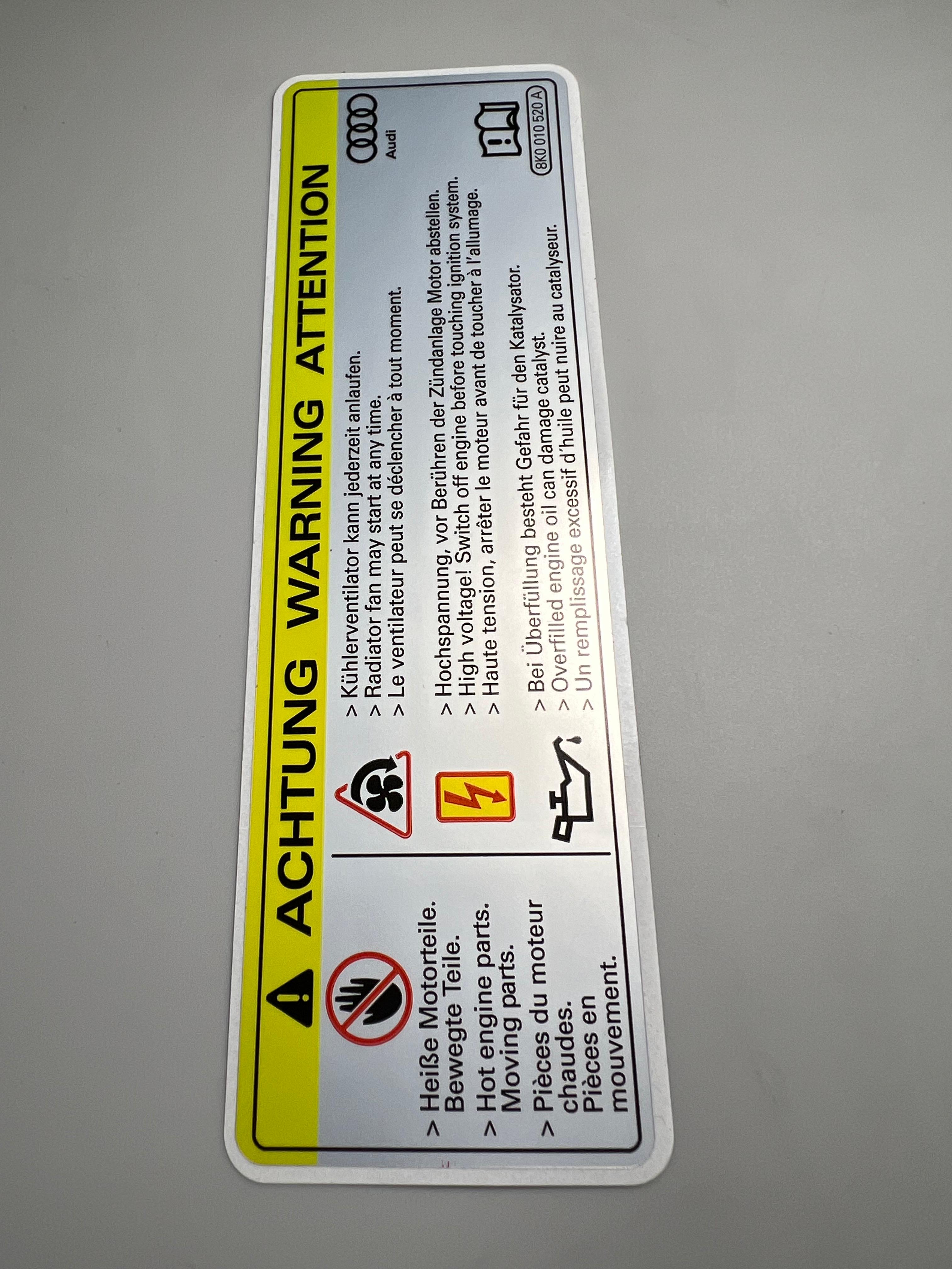 Aufkleber Achtung Warnung Kühlerventilator , Hochspannung und Öl Überfüllung