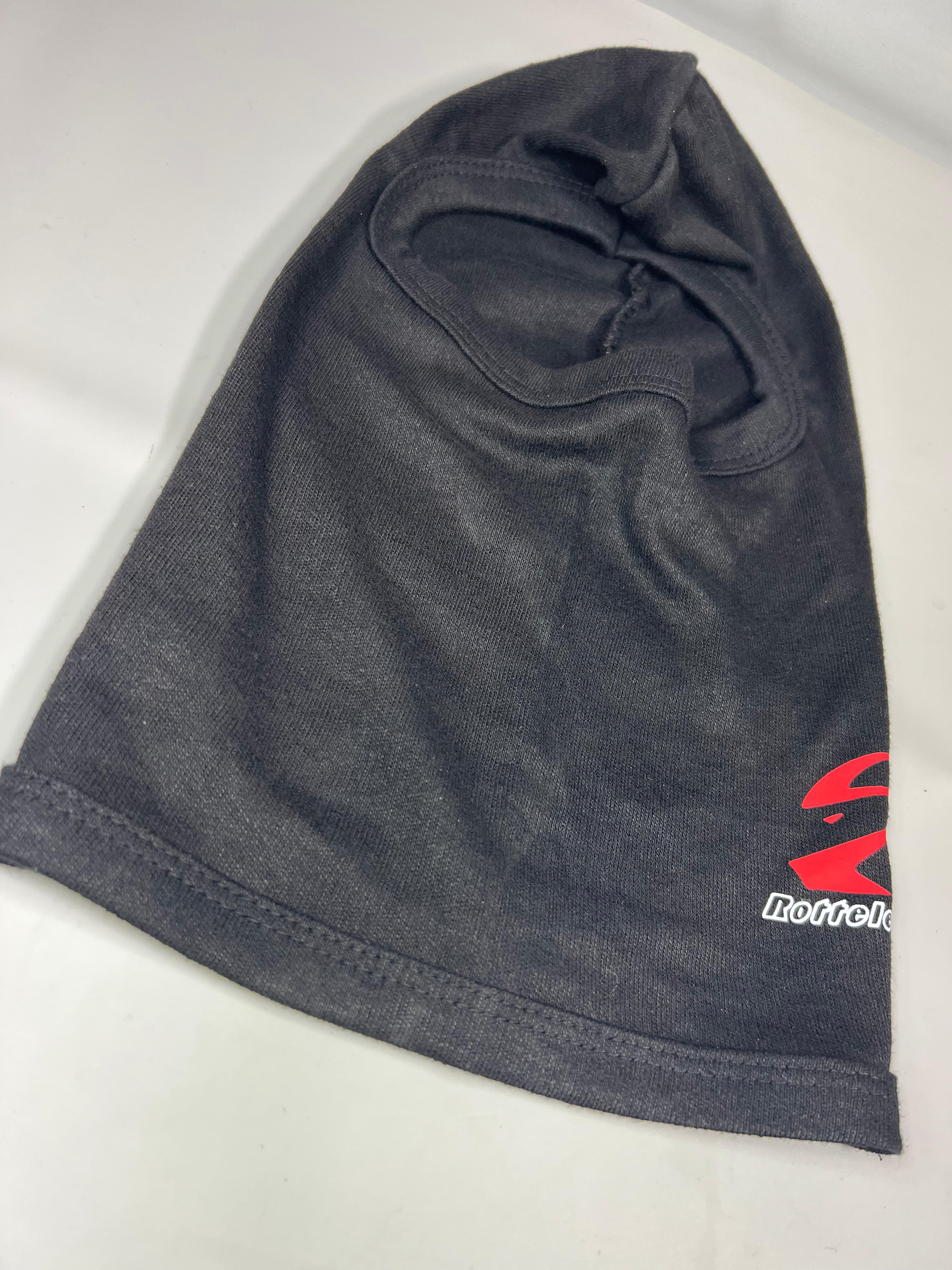 Sturmhaube für den Rennsport oder den Kartsport mit Röttele Logo schwarz mit roter Schrift
