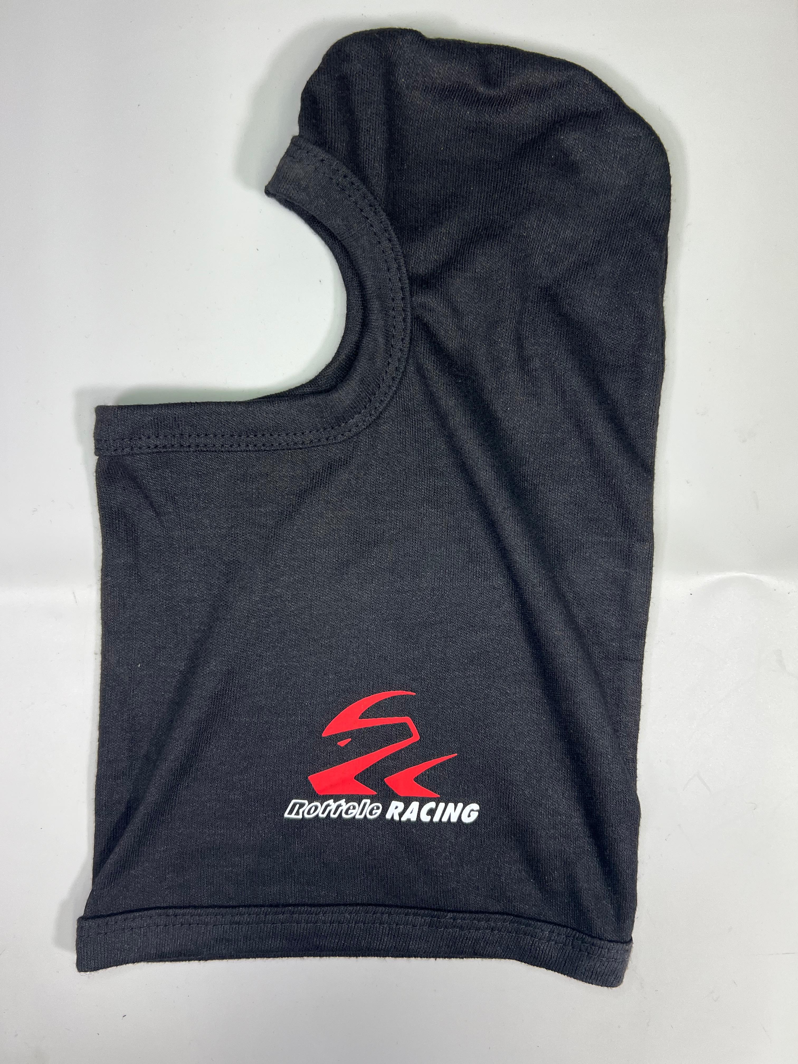 Sturmhaube für den Rennsport oder den Kartsport mit Röttele Logo schwarz mit roter Schrift