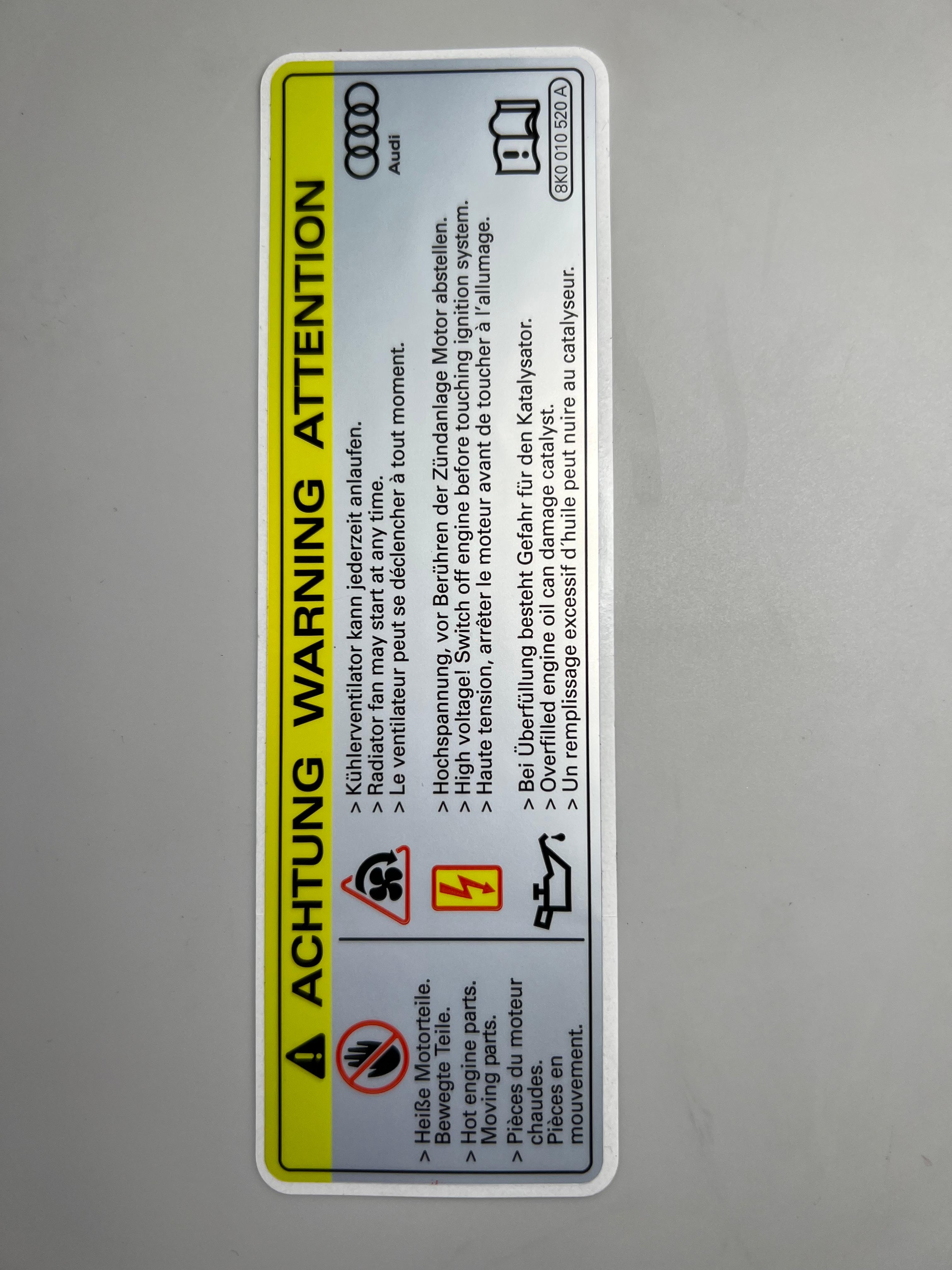 Aufkleber Achtung Warnung Kühlerventilator , Hochspannung und Öl Überfüllung
