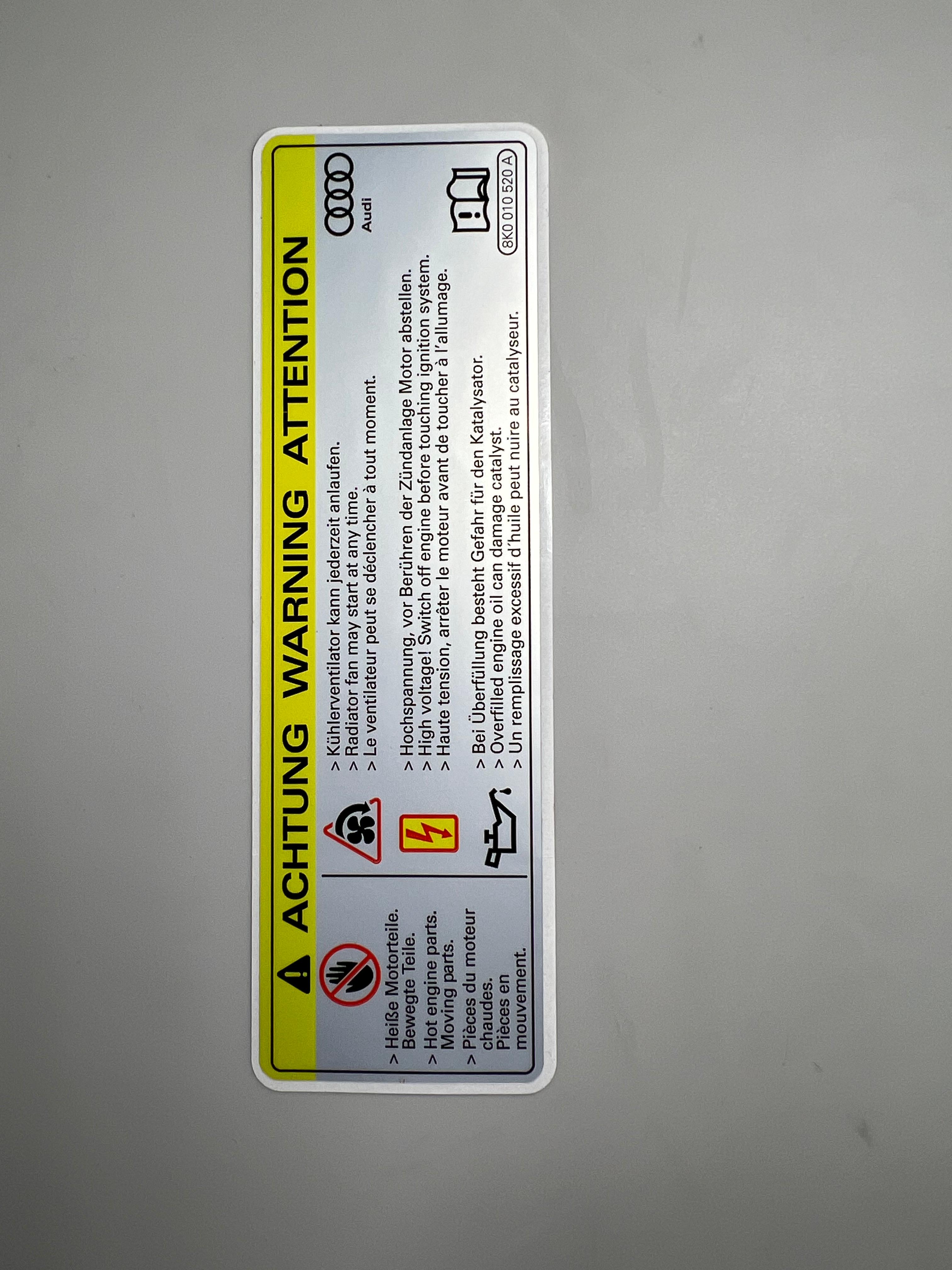 Aufkleber Achtung Warnung Kühlerventilator , Hochspannung und Öl Überfüllung