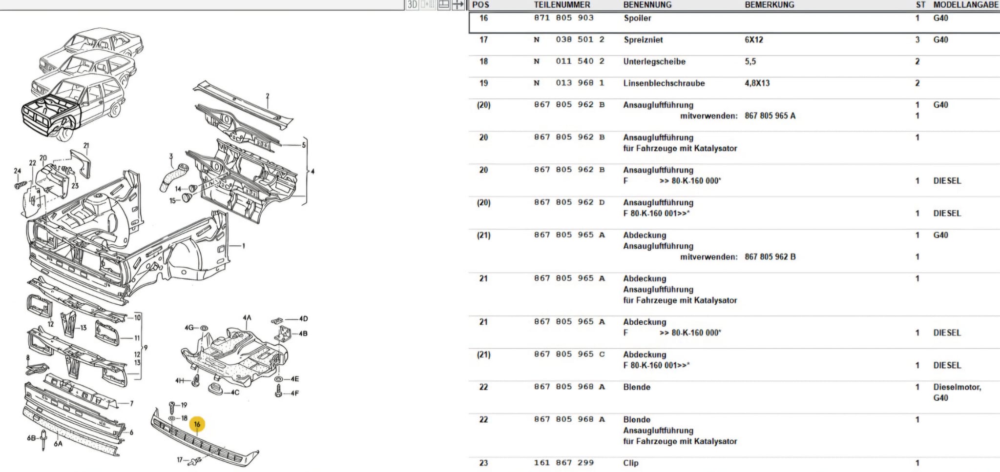 Polo II G40 original Frontspoiler als Nachbau mit Schrauben Nieten und Clips