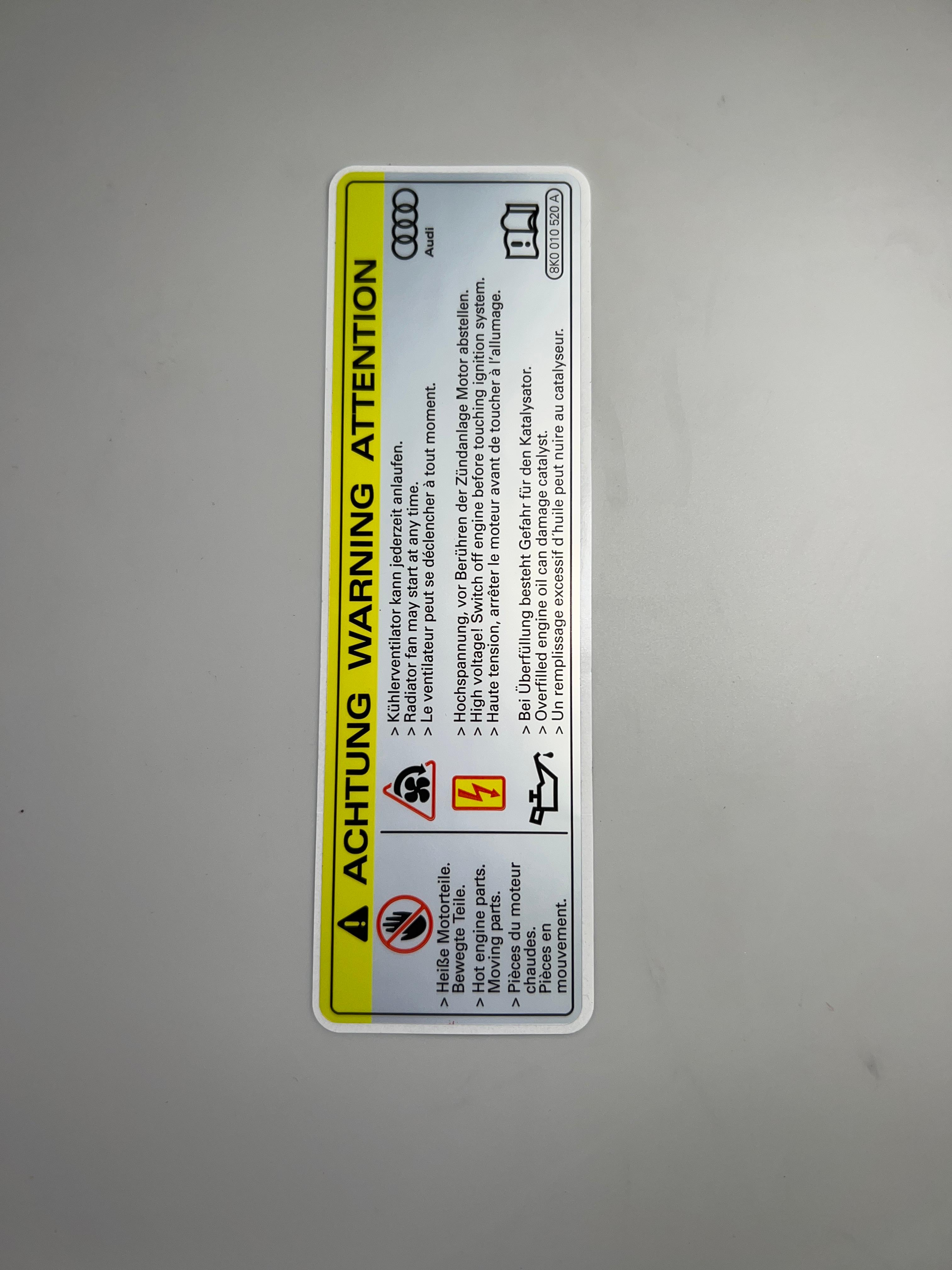 Aufkleber Achtung Warnung Kühlerventilator , Hochspannung und Öl Überfüllung