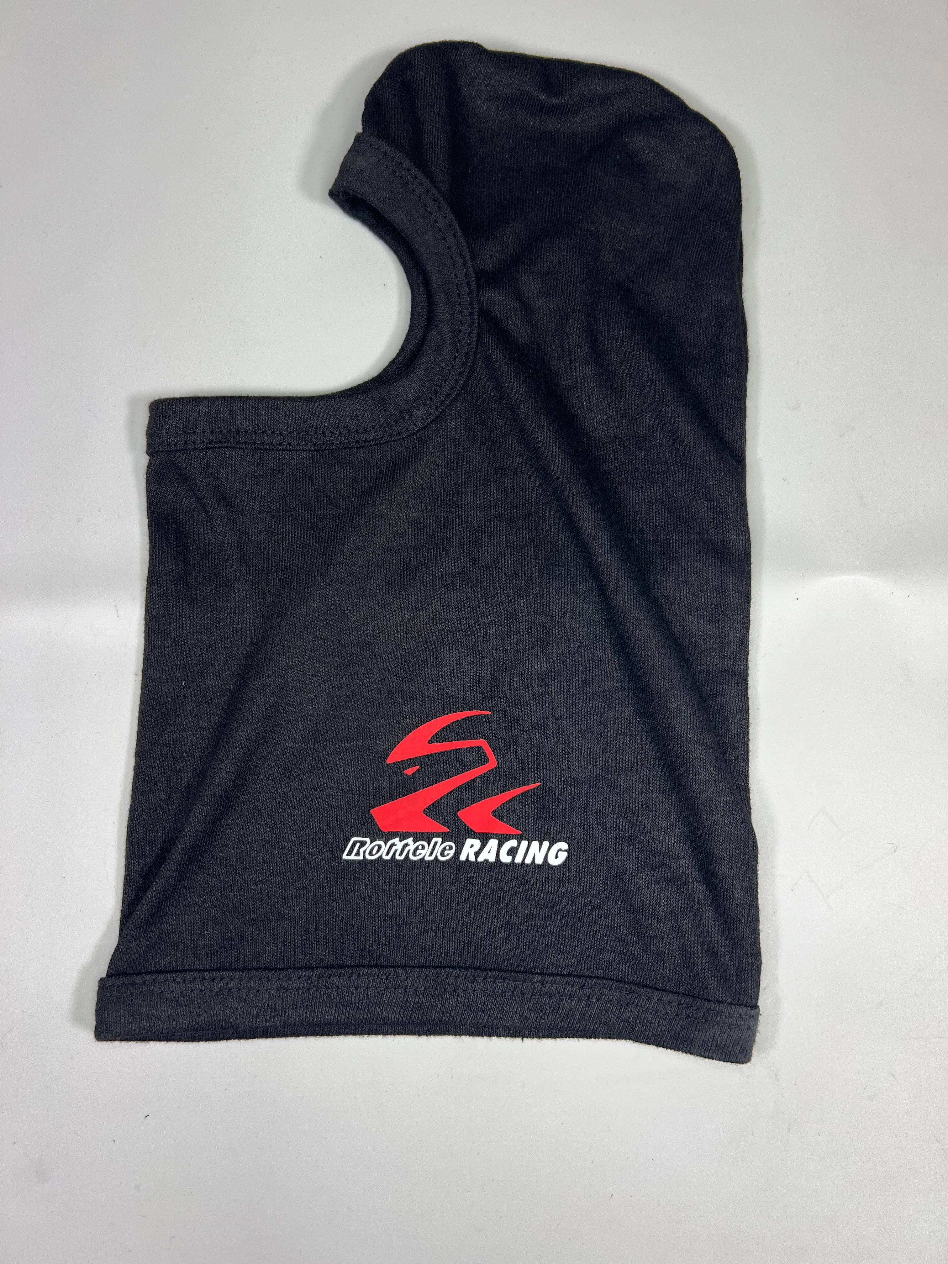 Sturmhaube für den Rennsport oder den Kartsport mit Röttele Logo schwarz mit roter Schrift