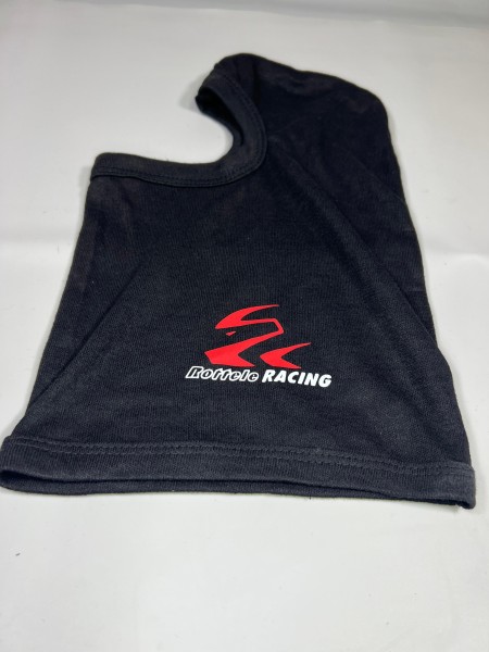 Sturmhaube für den Rennsport oder den Kartsport mit Röttele Logo schwarz mit roter Schrift 